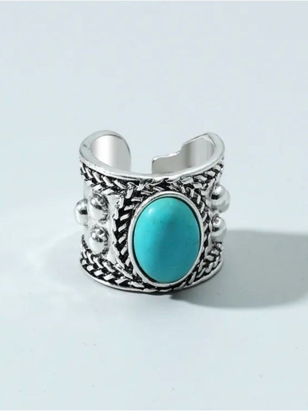 Turquoise Silver Boho Statement Ring - Adjustable